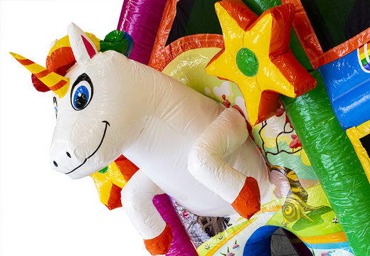 Buy medium inflatable multiplay unicorn themed bouncer with slide for kids. Order inflatable bouncers online at JB Inflatables America