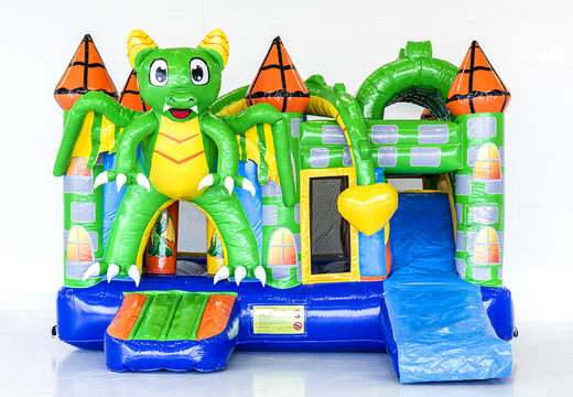 Medium inflatable multiplay bounce house in dragon theme with slide for children. Order inflatable bounce houses online at JB Inflatables America