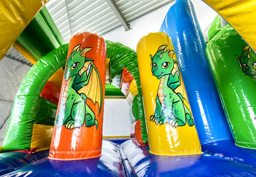Buy medium inflatable dragon themed multiplay bouncer with slide for kids. Order inflatable bouncers online at JB Inflatables America