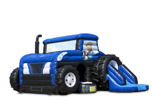 Buy inflatable covered blue maxi multifun bounce house with slide in tractor theme for children. Order bounce houses online at JB Inflatables America