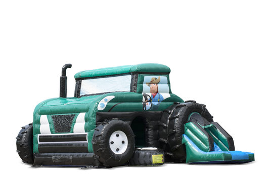 Buy inflatable indoor green maxi multifun bounce house with slide in tractor tractor theme for children. Order bounce houses online at JB Inflatables America