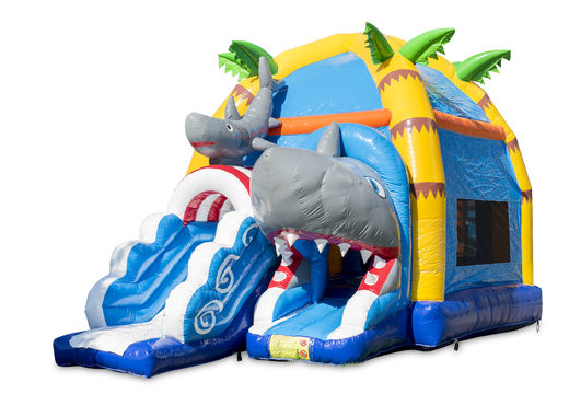 Buy inflatable indoor maxifun yellow green bounce house in super shark theme for children. Order inflatable bounce houses online at JB Inflatables America