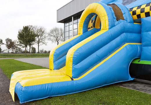 Buy an inflatable multifun bounce house for children with a roof in a car theme with various obstacles, a slide and a 3D object on the roof at JB Inflatables America. Order bounce houses online at JB Inflatables America