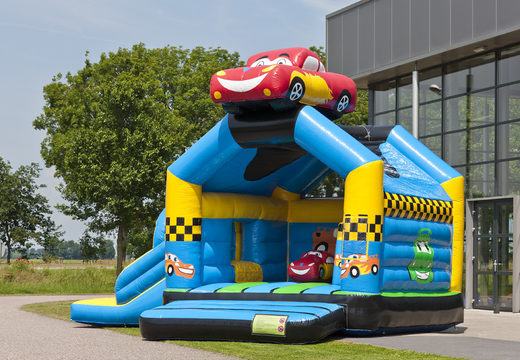 Buy a multifun bounce house in a car theme with a striking 3D figure on the roof for kids. Order bounce houses online at JB Inflatables America