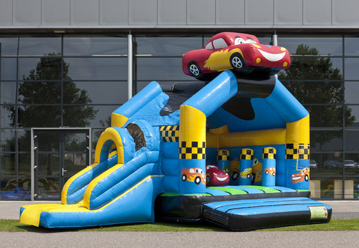 Order covered multifun bouncy castle with slide in the theme cars with 3D object at the top for both young and older children. Buy inflatable bouncy castles online at JB Inflatables America
