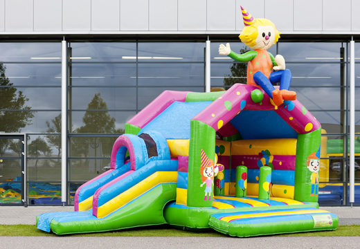 Order covered multifun bounce house with slide in party theme with 3D object at the top for both young and older children. Buy inflatable bounce houses online at JB Inflatables America
