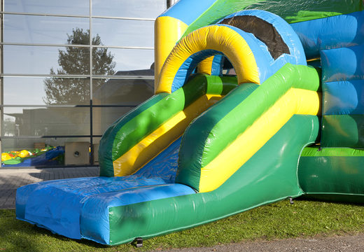 Order inflatable multifun bounce house with roof in jungle theme with a 3D object of a gorilla at the top for kids at JB Inflatables America. Buy inflatable bounce houses online at JB Inflatables America