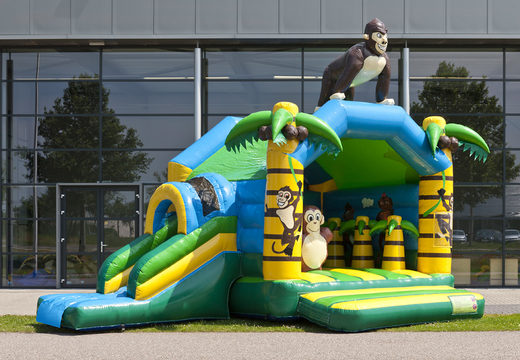 Buy an inflatable multifun bounce house with a jungle theme, a roof and a 3D object of a gorilla on top for kids at JB Inflatables America. Order bounce houses online at JB Inflatables America