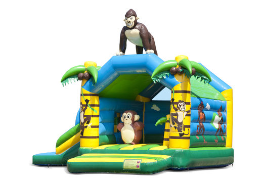 Buy an inflatable indoor multifun bouncy castle with slide in a jungle theme with a gorilla for children. Order inflatable bouncy castles online at JB Inflatables America