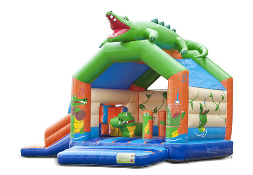 Buy an inflatable indoor multiplay multifun bounce house with slide in a crocodile theme for children. Order inflatable bounce houses online at JB Inflatables America