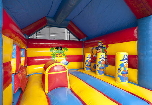 Buy an inflatable multifun bounce house for children with a pirate theme roof with a striking 3D object on top at JB Inflatables America. Order bounce houses online at JB Inflatables America
