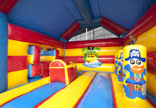Order covered multifun bounce house with slide in pirate theme with 3D object at the top for both young and older children. Buy inflatable bounce houses online at JB Inflatables America