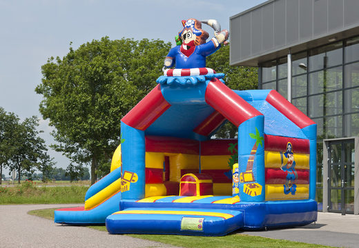 Order an inflatable multifun bouncy castle for children with a roof, a 3D pirate object, various obstacles and a slide at JB Inflatables America. Buy inflatable bouncy castles online at JB Inflatables America