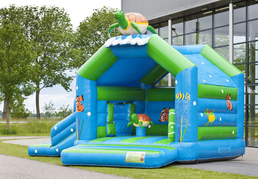 Order multifun bounce house with a striking 3D figure of a turtle on the roof for kids. Order inflatable bounce houses online at JB Inflatables America