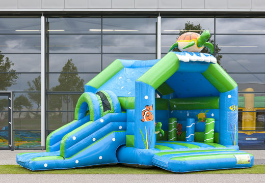 Order covered multifun bounce house with slide in turtle theme with 3D object at the top for both young and older children. Buy inflatable bounce houses online at JB Inflatables America