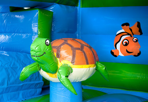 Buy turtle inflatable covered bouncer with various obstacles, a slide and a 3D object on the roof at JB Inflatables America. Order bouncers online at JB Inflatables America