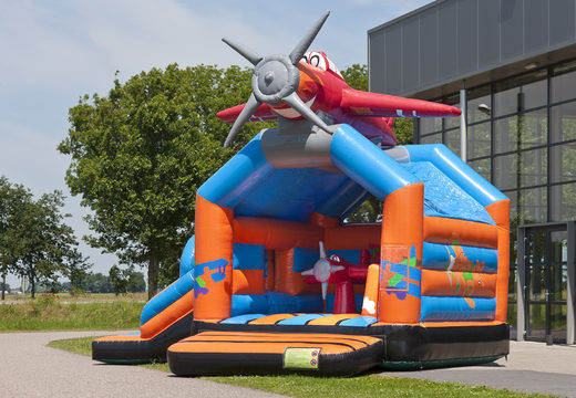 Buy a multifun bouncy castle in the theme airplane with a striking 3D figure on the roof for kids. Order inflatable bouncy castles online at JB Inflatables America