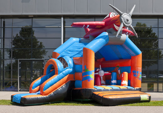 Order covered multifun bounce house with slide in the theme airplane with 3D object at the top for both young and older children. Buy bounce houses online at JB Inflatables America