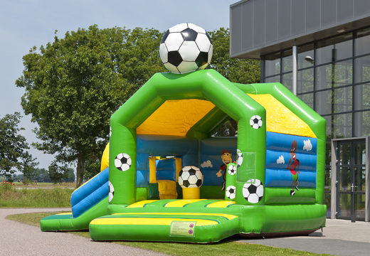 Buy multifun bouncer with a striking 3D figure of a football on the roof for kids. Order inflatable bouncers online at JB Inflatables America