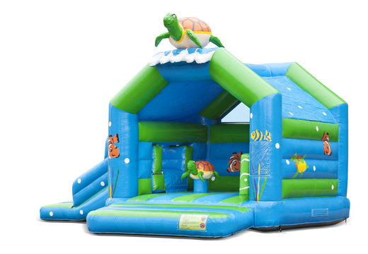 Buy inflatable indoor multiplay multifun bounce house with slide in turtle theme for children. Order inflatable bounce houses online at JB Inflatables America