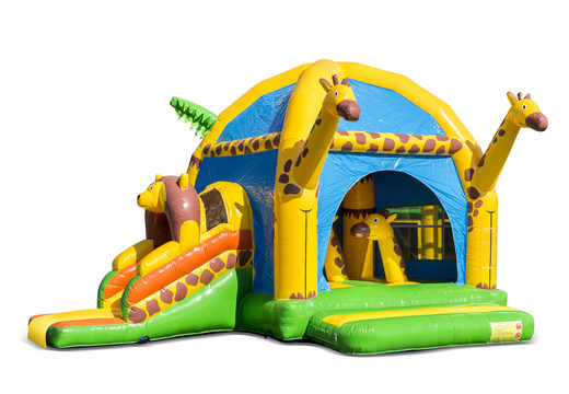 Buy inflatable indoor multifun super bounce house with slide in giraffe theme for children. Order inflatable bounce houses online at JB Inflatables America