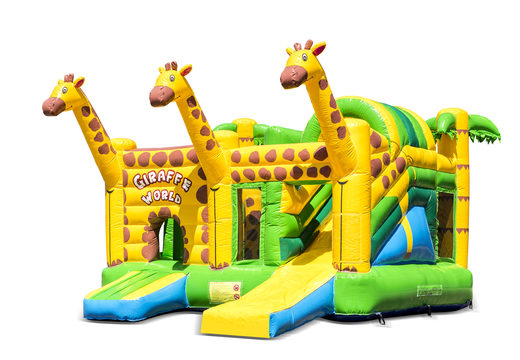 Buy an inflatable open multiplay bouncy castle in the giraffe theme with slide for children. Order inflatable bouncy castles online at JB Inflatables America