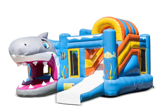 Buy an inflatable open multiplay bouncy castle in the shark shark theme with slide for children. Order inflatable bouncy castles online at JB Inflatables America