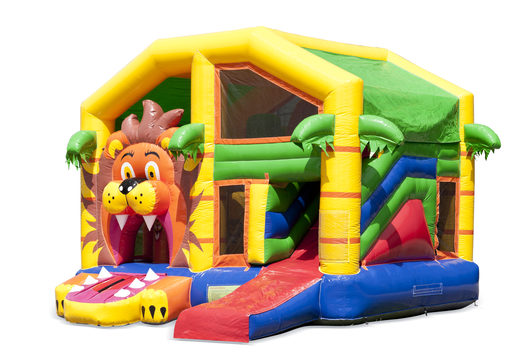 Buy an inflatable indoor multiplay bouncy castle with slide in a lion theme for children. Order inflatable bouncy castles online at JB Inflatables America