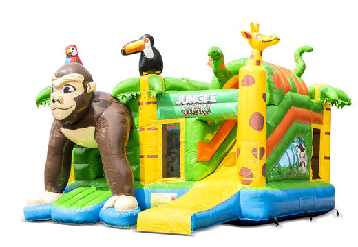 Buy indoor inflatable multiplay bouncy castle in theme safari gorilla with slide for children. Order inflatable bouncy castles online at JB Inflatables America