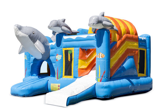 Buy inflatable open multiplay blue bounce house in the dolphin theme with slide for children. Order inflatable bounce houses online at JB Inflatables America
