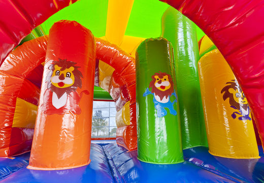 Buy medium inflatable multiplay lion themed bounce house with slide for kids. Order inflatable bounce houses online at JB Inflatables America