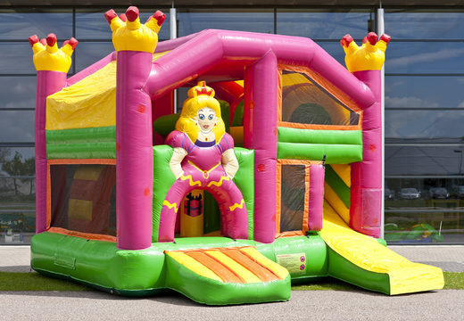 Order medium inflatable multiplay bounce house with slide in princess theme for children. Order inflatable bounce houses online at JB Inflatables America
