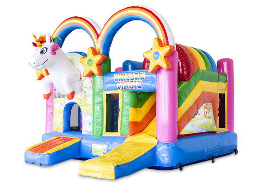 Buy indoor inflatable multiplay bounce house in the theme rainbow unicorn with slide for children. Order inflatable bounce houses online at JB Inflatables America