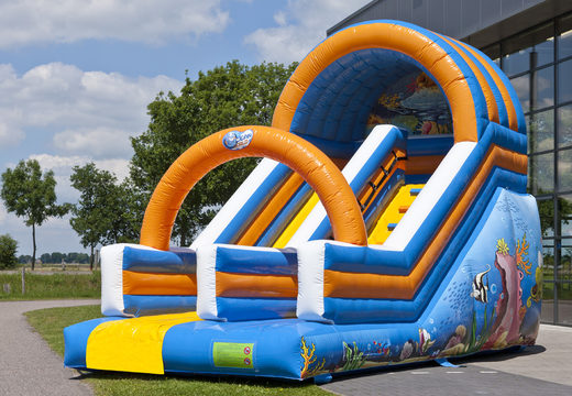 Order a perfect oceanworld themed inflatable slide for kids. Buy inflatable slides now online at JB Inflatables America