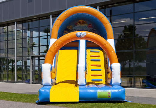 Order a spectacular oceanworld-themed inflatable slide with cheerful colors for children. Buy inflatable slides now online at JB Inflatables America