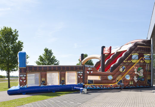 Order an inflatable extra wide Pirates world XL slide with 3D obstacles for children. Buy inflatable slides now online at JB Inflatables America