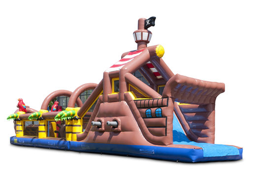 Buy a unique 17 meter wide pirate themed obstacle course with 7 game elements and colorful objects for kids. Order inflatable obstacle courses now online at JB Inflatables America