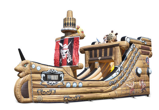 Pirate ship inflatable slide in a striking shape with cool 3D objects and full color prints for your children. Order inflatable slides now online at JB Inflatables America