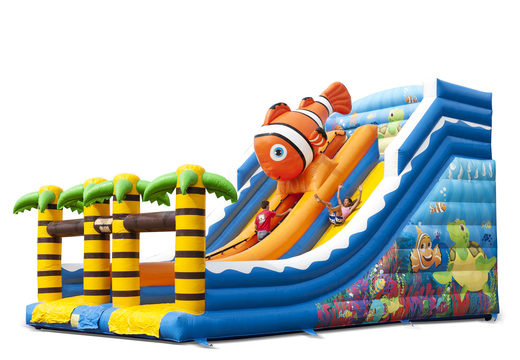 Inflatable slide with a seaworld theme with funny 3D figures and colorful prints for kids. Order inflatable slides now online at JB Inflatables America