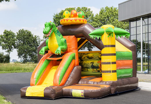 Buy inflatable slide combo dinosaur-themed bounce houses for kids. Order inflatable bounce houses with slide now at JB Inflatables America