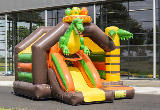 Order inflatable slide combo bouncy castle with green dinosaur at JB Inflatables America. Inflatable dinosaur-themed bouncy castles with slide for sale at JB Inflatables America