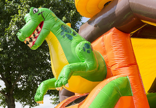 Inflatable slide combo bounce house in dinosaur theme to buy at JB Inflatables America. Buy inflatable bounce houses with slide and green dinosaur for kids