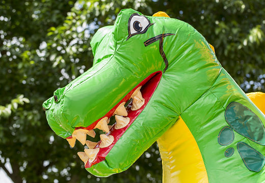 Order inflatable slide combo bouncy castle in dinosaur theme for children. Buy inflatable bouncy castles with slide and green dinosaur at JB Inflatables America