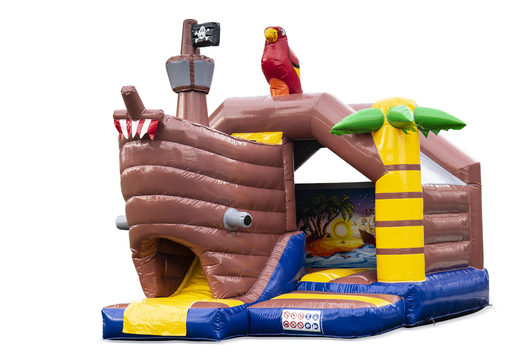 Inflatable slide combo bounce house in pirate theme for sale at JB Inflatables America. Order inflatable bounce houses with slide for kids