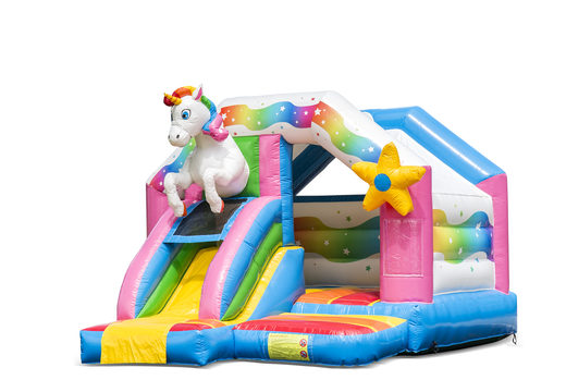 Buy inflatable indoor slide combo bounce house with slide in unicorn theme for children. Order inflatable bounce houses online at JB Inflatables America