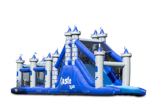 Unique castle themed obstacle course with 7 game elements and colorful objects to buy for kids. Order inflatable obstacle courses now online at JB Inflatables America