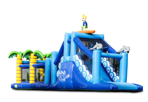 Order a 17 meter wide unique surf themed obstacle course with 7 game elements and colorful objects for children. Buy inflatable obstacle courses online now at JB Inflatables America
