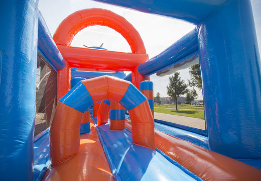 Order an inflatable unique 17 meter wide obstacle course in airplane theme for kids. Order inflatable obstacle courses now online at JB Inflatables America