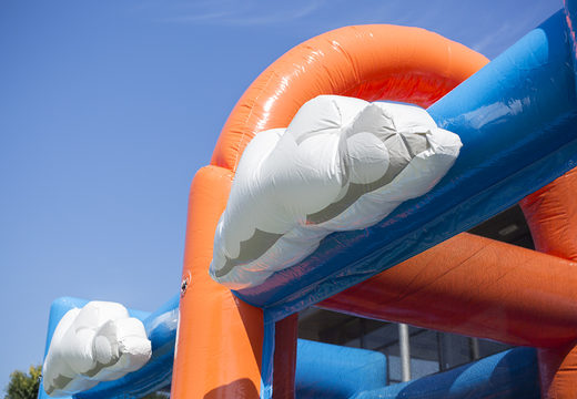 Order an airplane themed inflatable obstacle course with 7 game elements and colorful objects for kids. Buy inflatable obstacle courses online now at JB Inflatables America