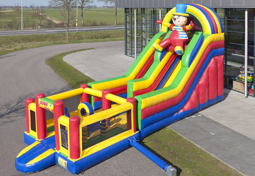 Multifunctional inflatable slide in a clown theme with a splash pool, impressive 3D object, fresh colors and the 3D obstacles for children. Buy inflatable slides now online at JB Inflatables America